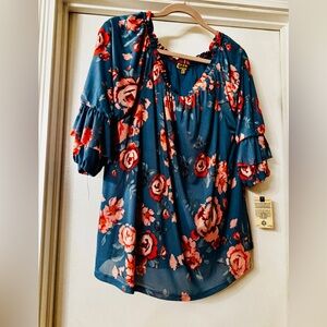 Democracy Floral Blouse - Teal and Coral